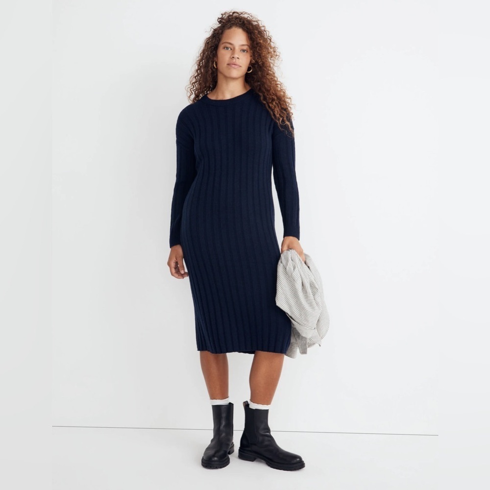 Madewell Ribbed Midi Wool Sweater Dress, Navy Blue, Size 1X